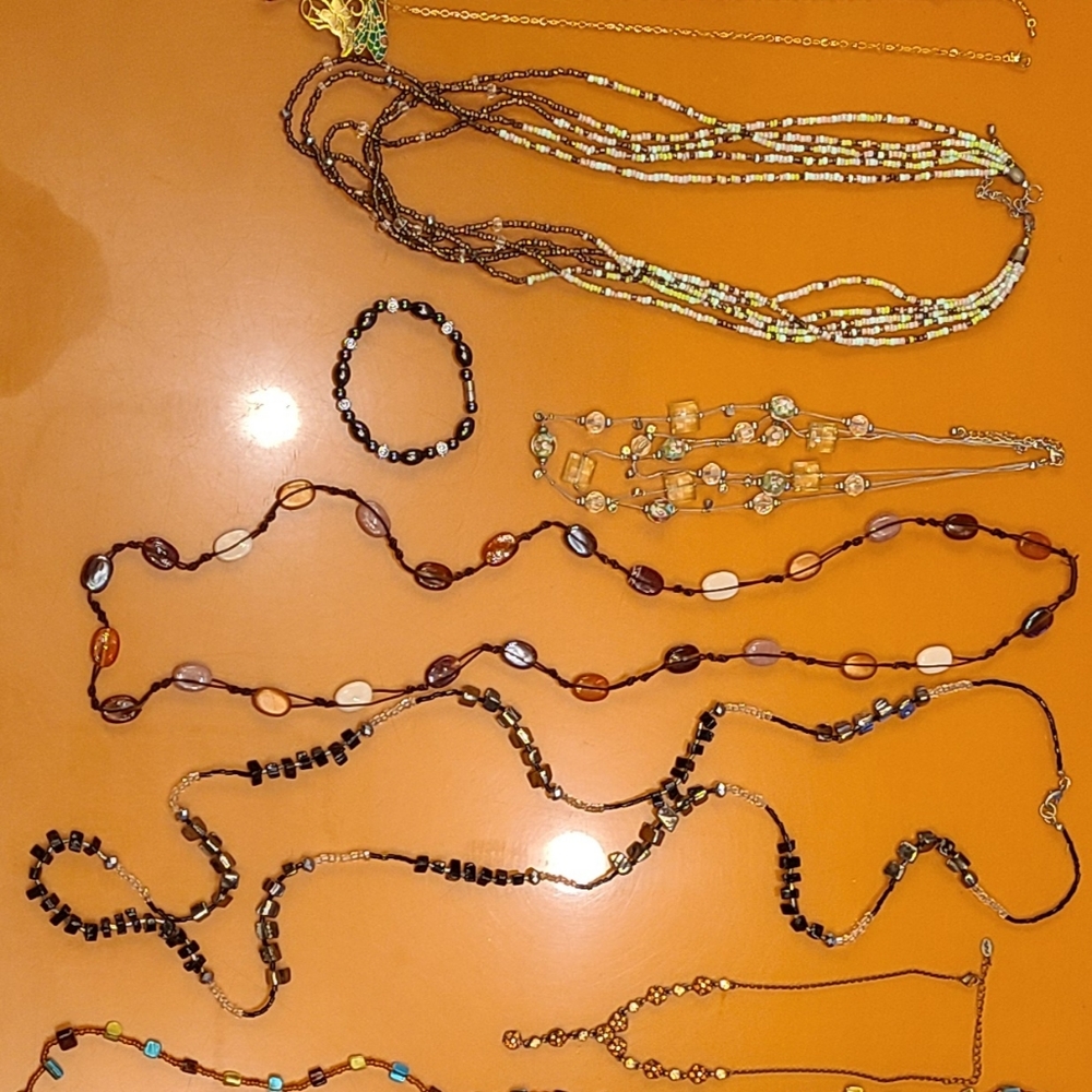 Lot:  7 necklaces, w/ a magnetic bracelet, dragonfly necklace is also a pin